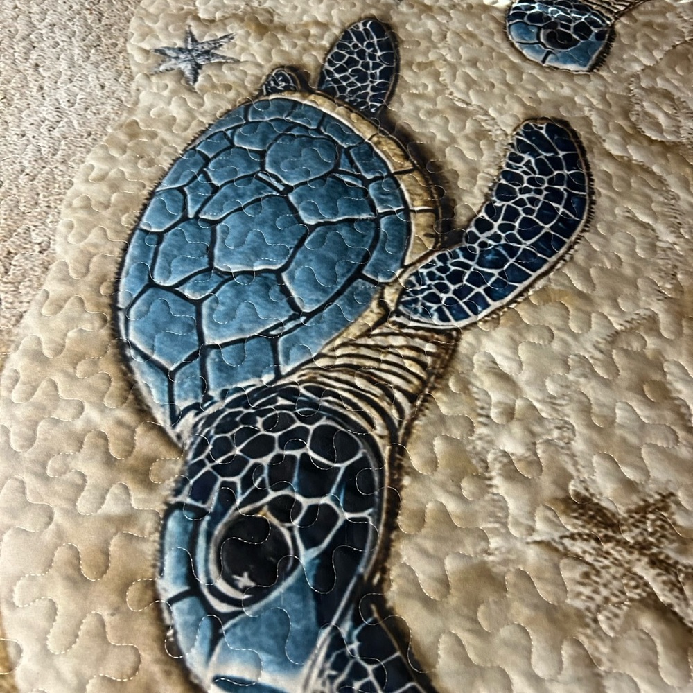 Sea Turtle Quilted Bedspread in Blue and Tan - Picture 4 of 14